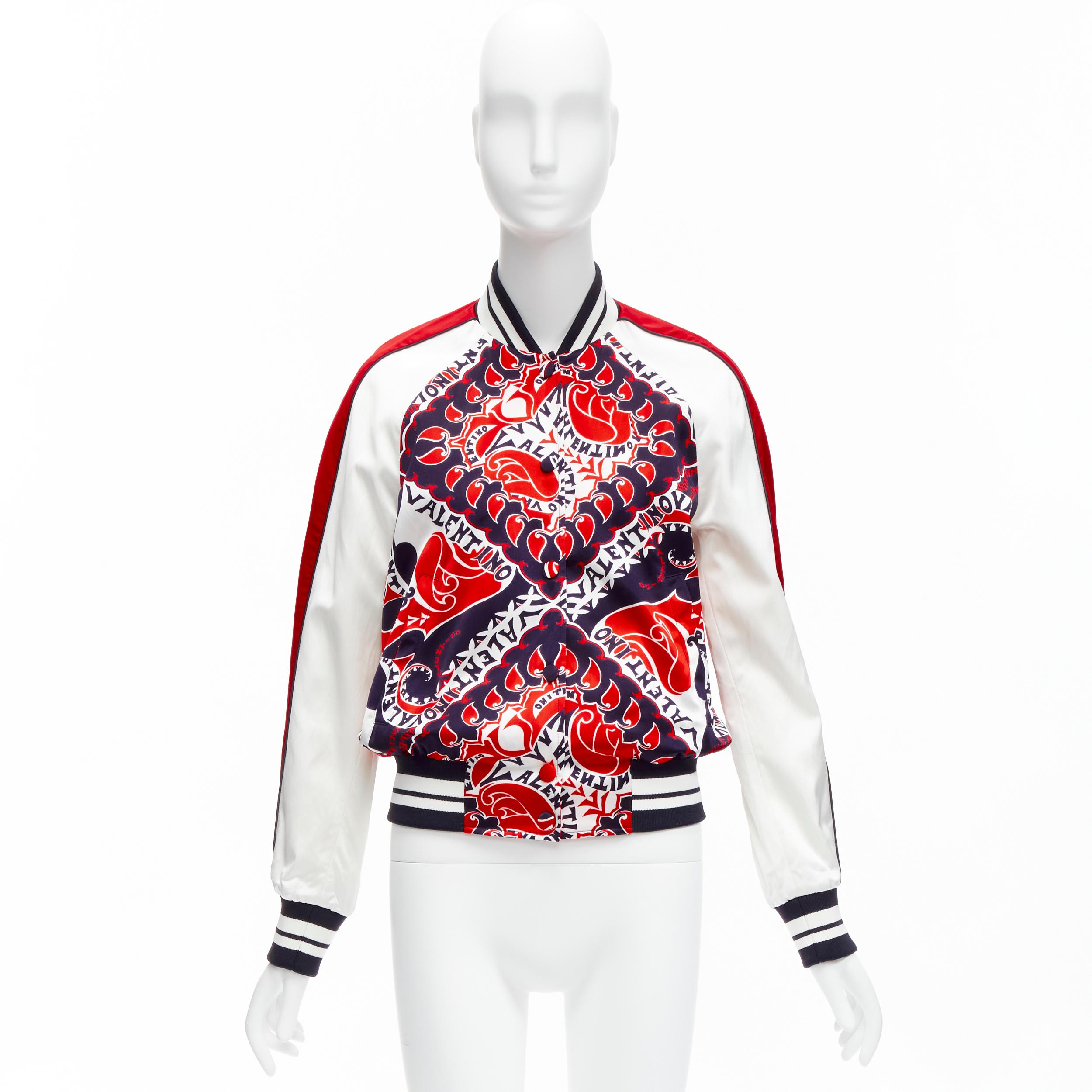 VALENTINO 2022 Manifesto Heart Bandana red blue satin bomber jacket IT40 S For Sale 7