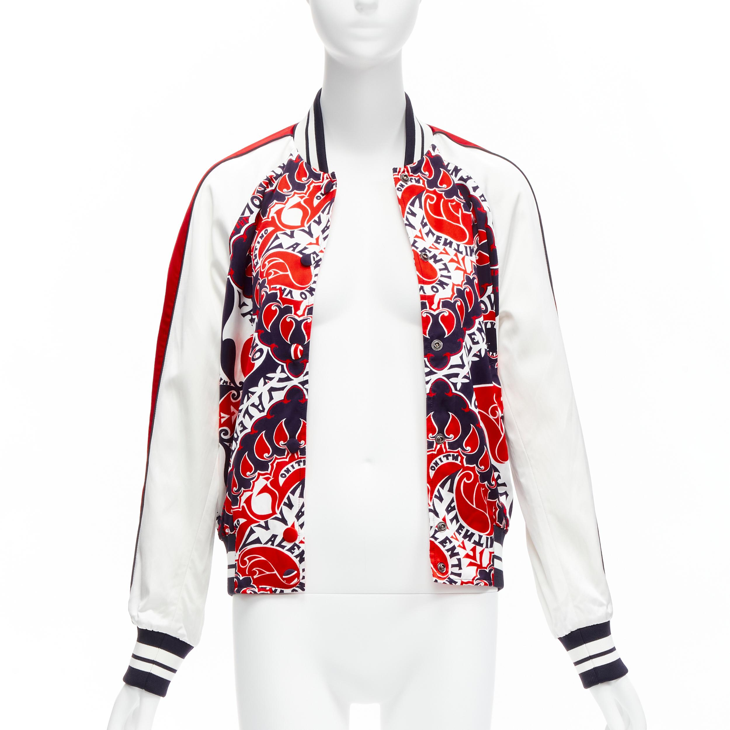 Beige VALENTINO 2022 Manifesto Heart Bandana red blue satin bomber jacket IT40 S For Sale