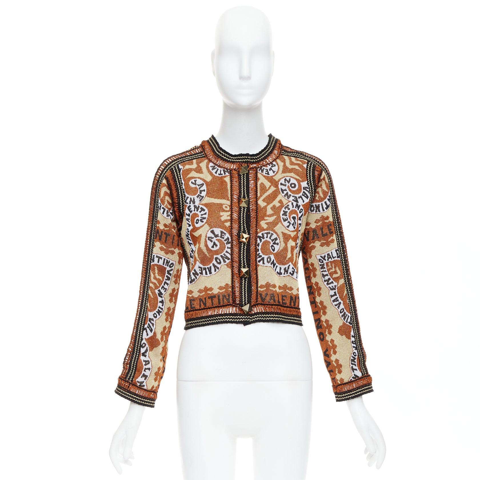 VALENTINO 2022 Rockstud Manifesto Bandana gold orange metallic lurex cardigan XS 6