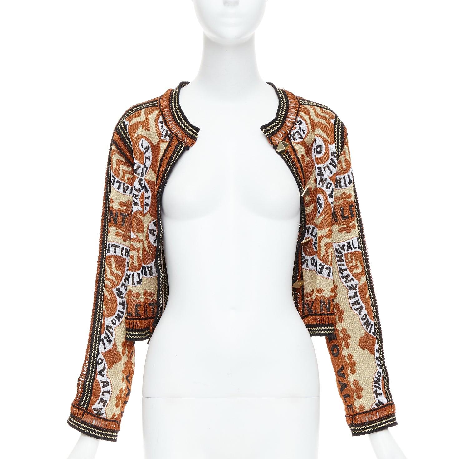 Brown VALENTINO 2022 Rockstud Manifesto Bandana gold orange metallic lurex cardigan XS