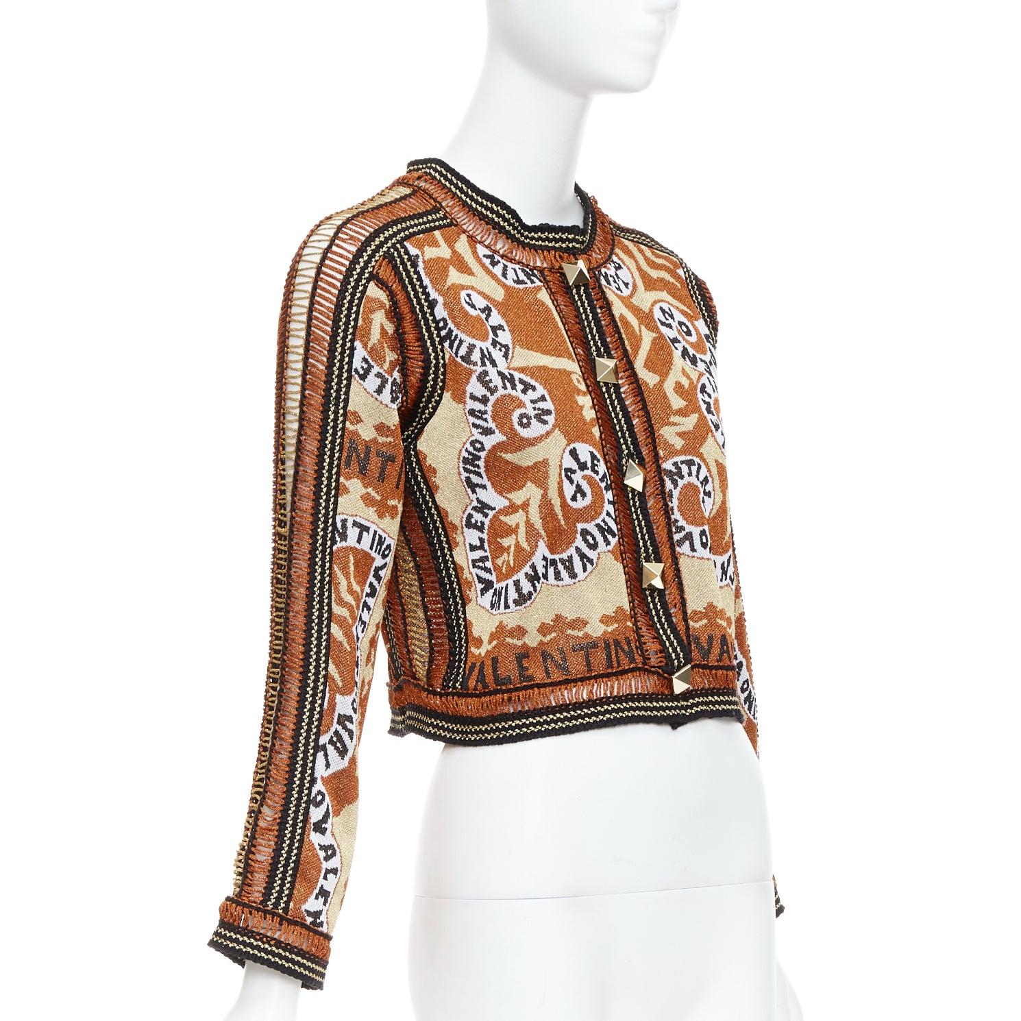 Women's VALENTINO 2022 Rockstud Manifesto Bandana gold orange metallic lurex cardigan XS
