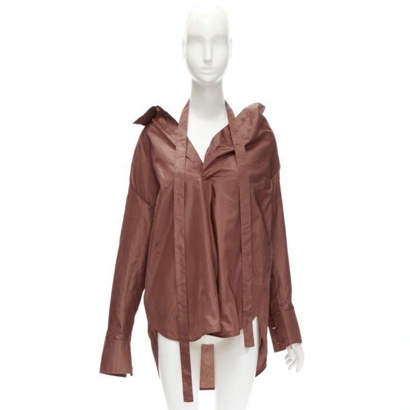 VALENTINO 2022 Runway brown silk taffeta wide collar neck tie shirt IT38 XS For Sale 7