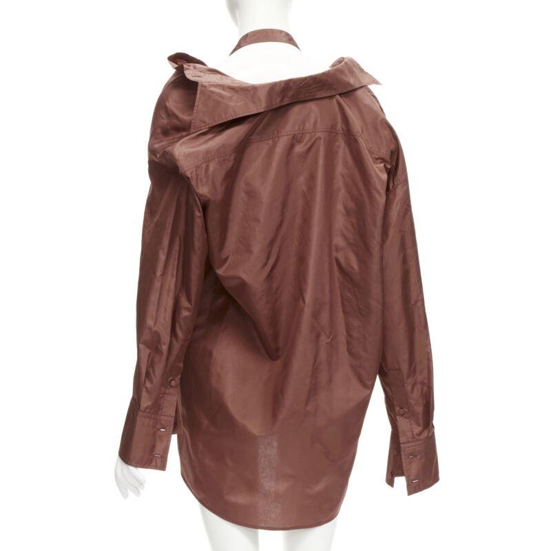 VALENTINO 2022 Runway brown silk taffeta wide collar neck tie shirt IT38 XS For Sale 1