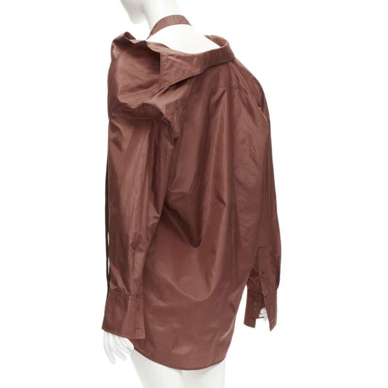 VALENTINO 2022 Runway brown silk taffeta wide collar neck tie shirt IT38 XS For Sale 2