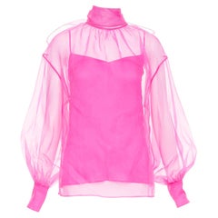 VALENTINO 2022 Runway Pink PP high neck sheer silk organza blouse shirt IT36 XXS