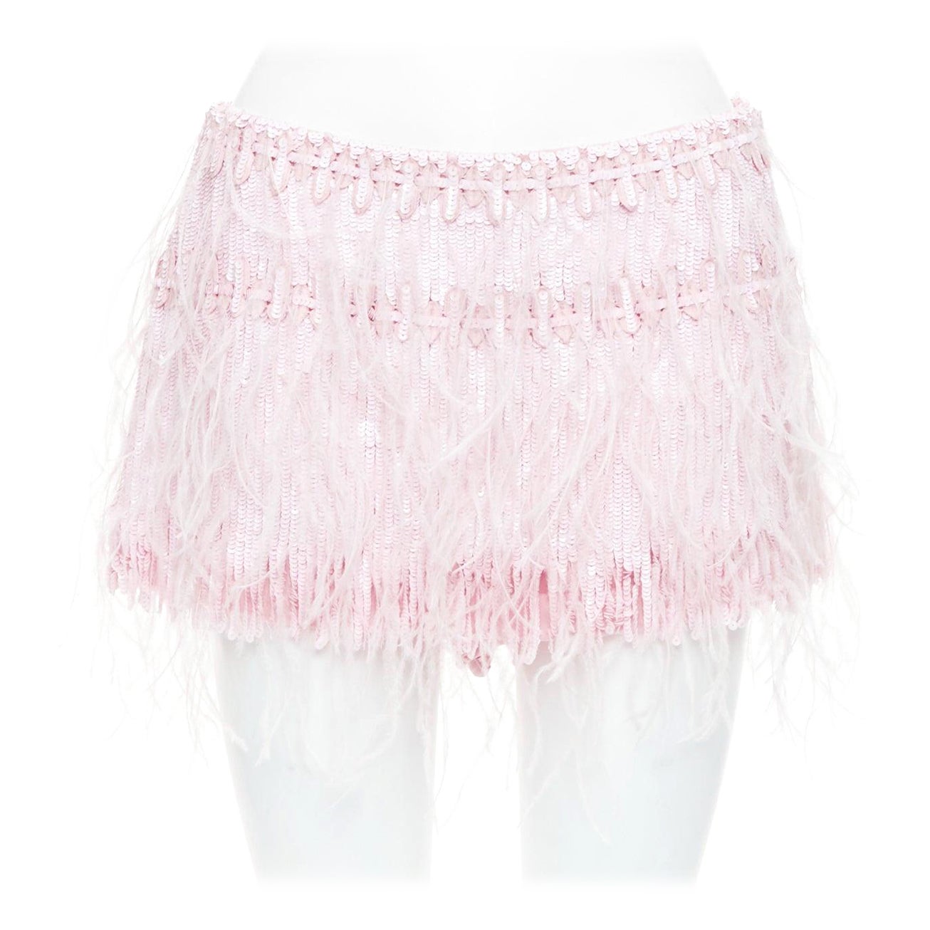Valentino 2023 mini gonna in seta rosa baby con paillettes e piume di struzzo IT40 S