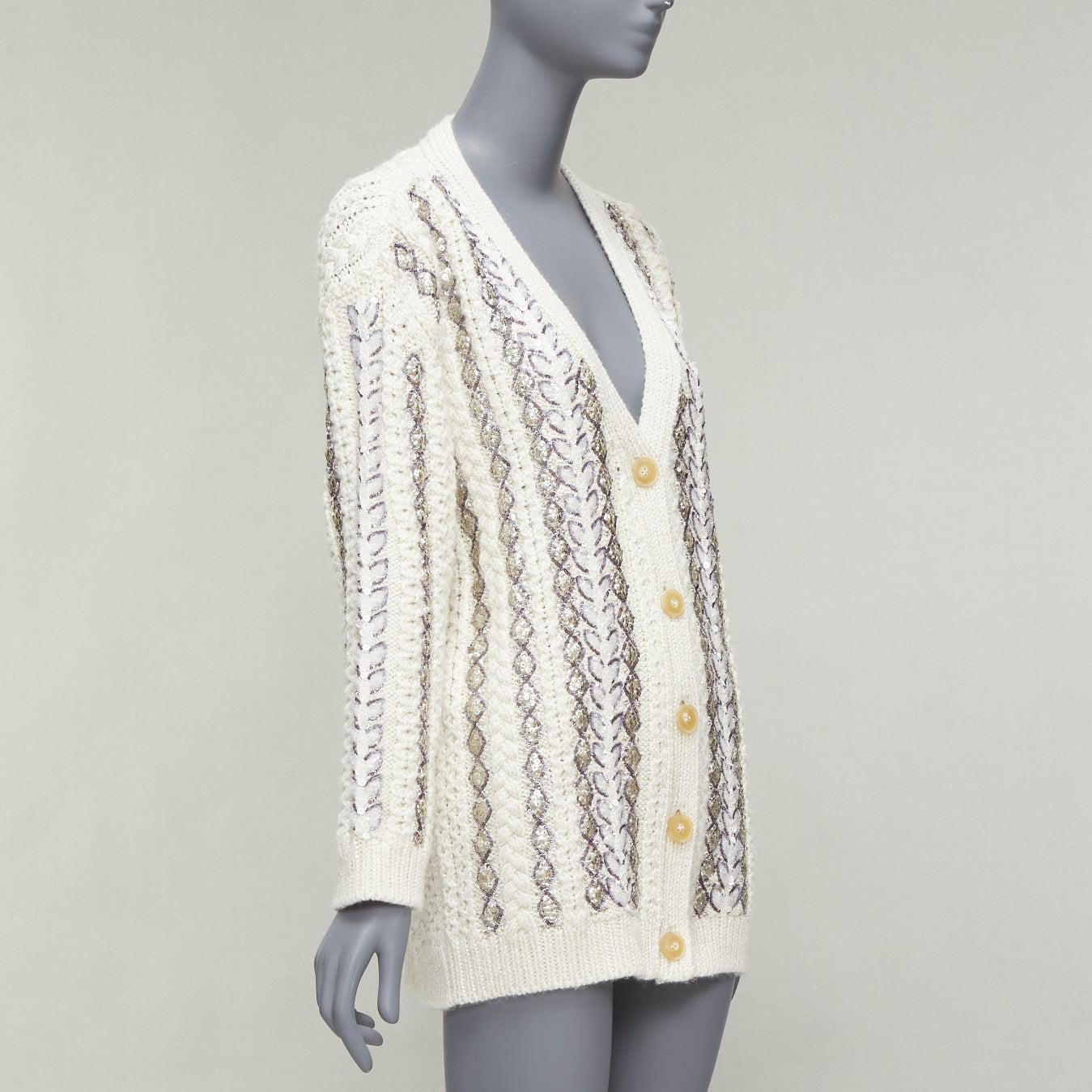 Silver VALENTINO 2023 cream silver wool sequin logo embellished cardigan IT36 S