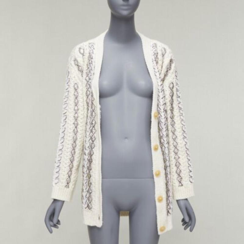 Silver VALENTINO 2023 cream silver wool sequin logo embellished cardigan IT36 S For Sale