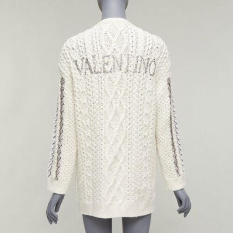 VALENTINO 2023 cream silver wool sequin logo embellished cardigan IT36 S For Sale 2