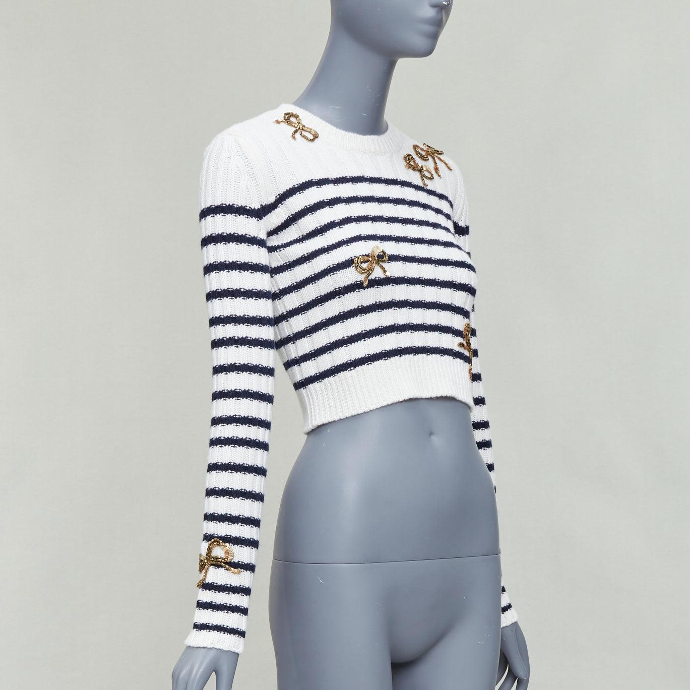 VALENTINO 2023 crema lana virgen oro lentejuelas cinta rayas crop suéter XS Gris en venta