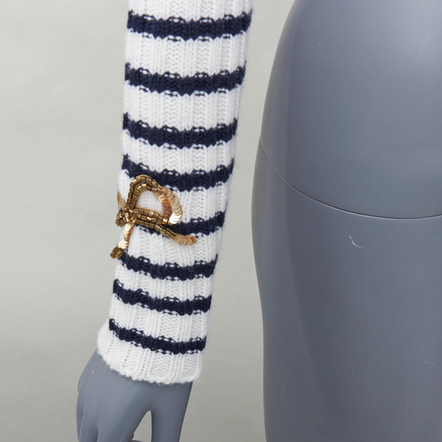 VALENTINO 2023 crema lana virgen oro lentejuelas cinta rayas crop suéter XS en venta 3