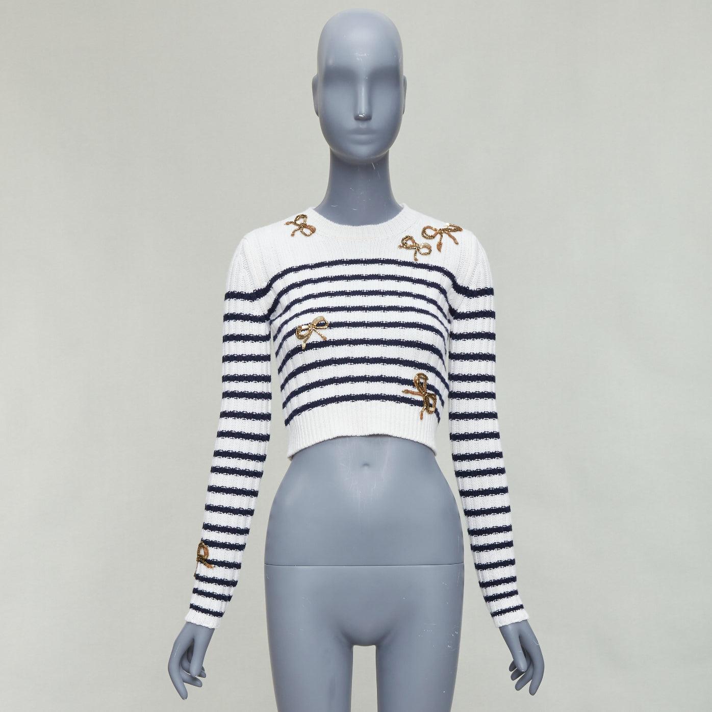 VALENTINO 2023 crema lana virgen oro lentejuelas cinta rayas crop suéter XS en venta 5