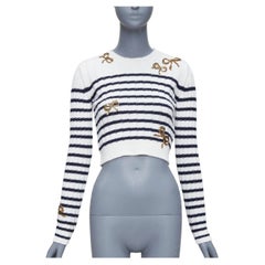 VALENTINO 2023 cream virgin wool gold sequin ribbon striped crop sweater XS