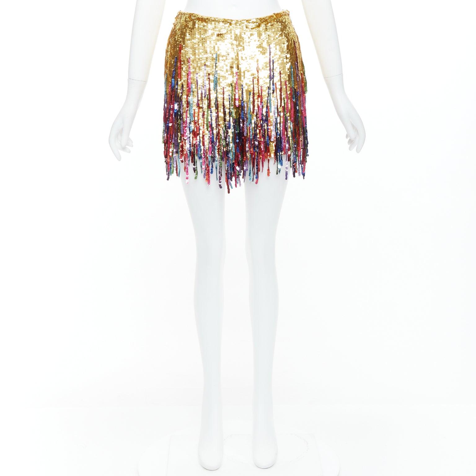 VALENTINO 2023 gold sequinned silk rainbow fringe skort IT38 XS 6