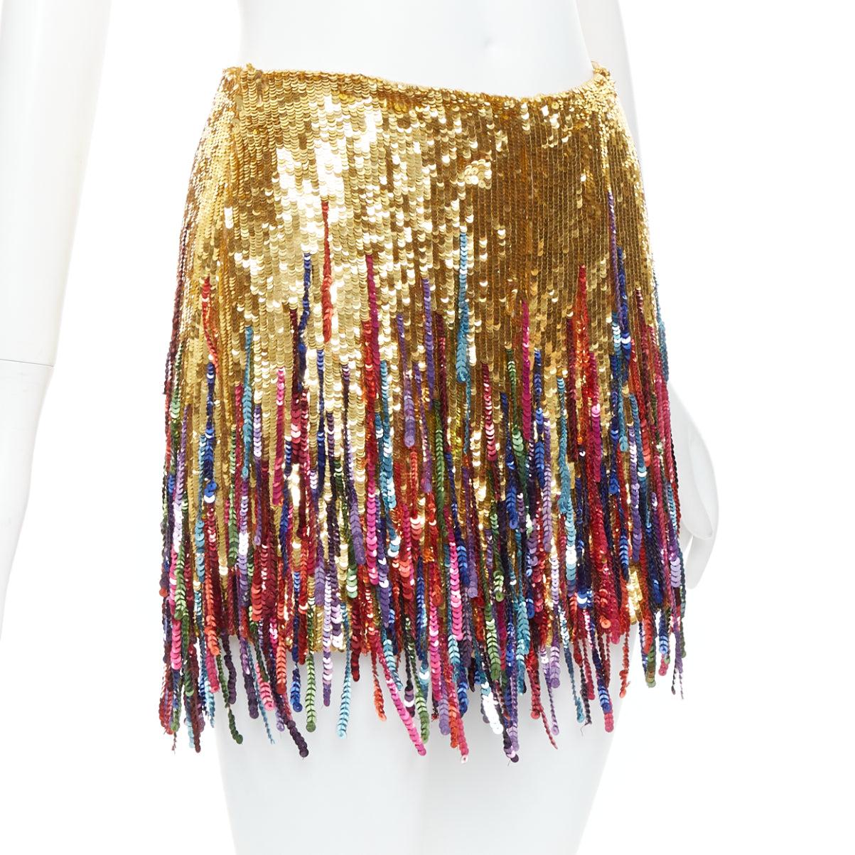 Gold VALENTINO 2023 gold sequinned silk rainbow fringe skort IT38 XS