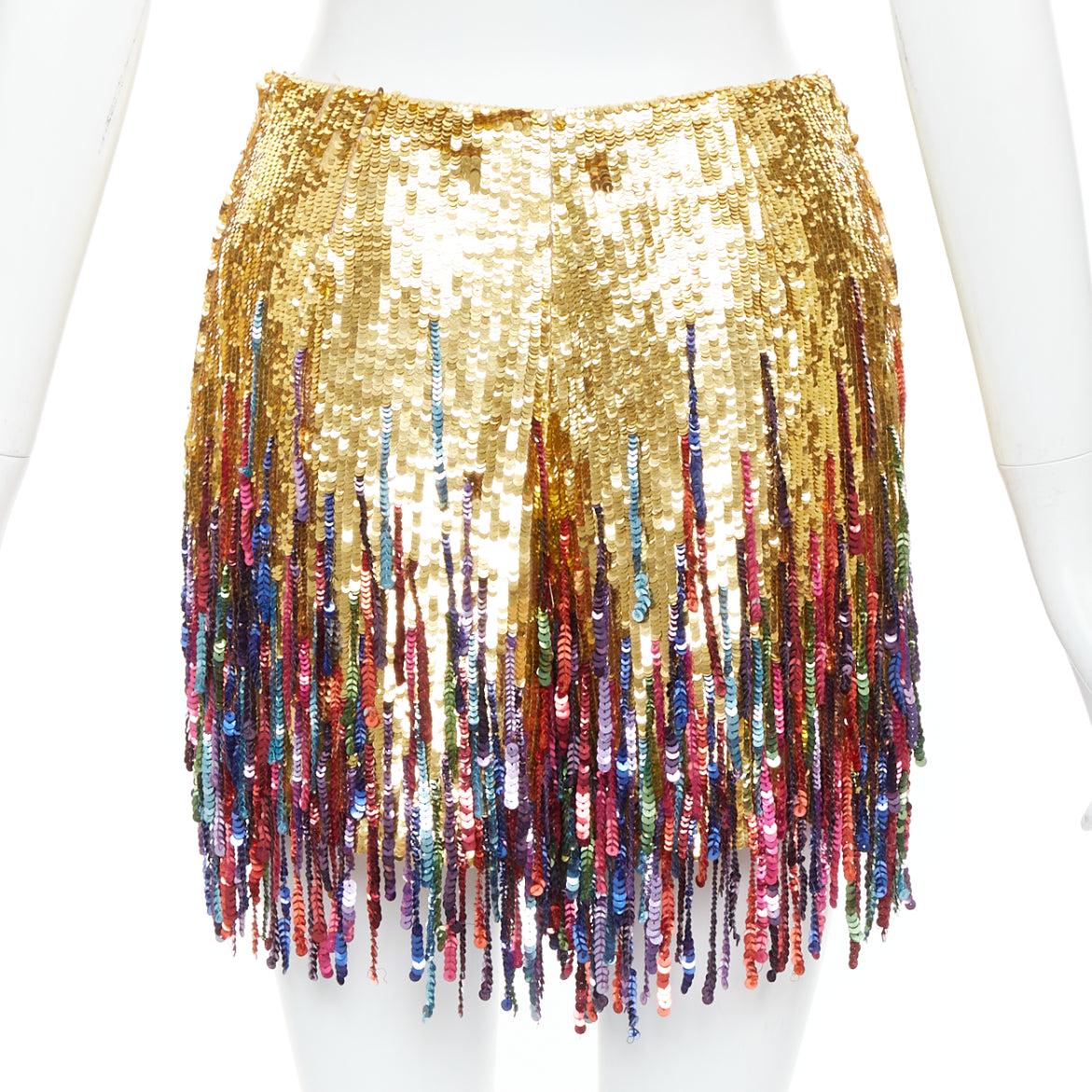 VALENTINO 2023 gold sequinned silk rainbow fringe skort IT38 XS 1