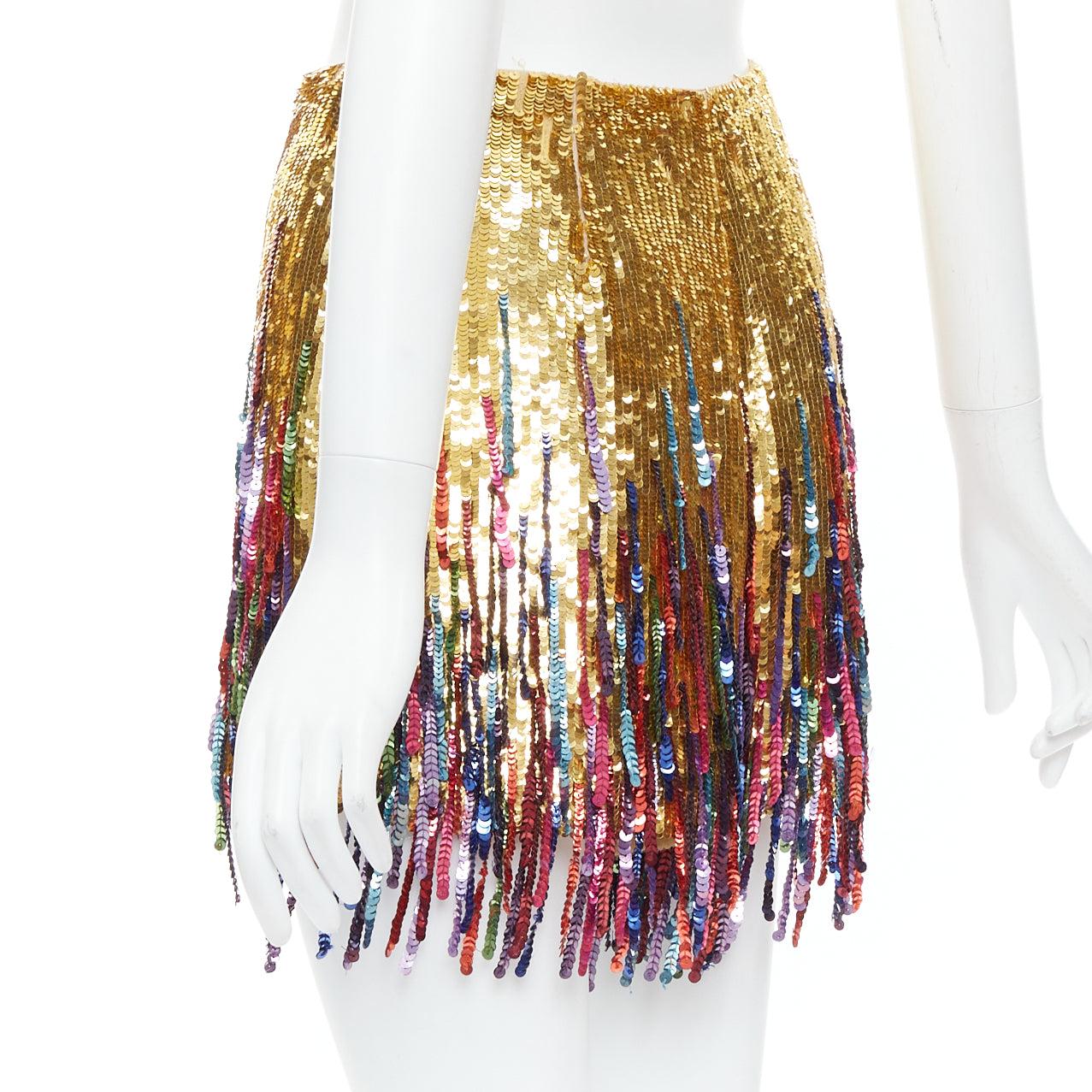 VALENTINO 2023 gold sequinned silk rainbow fringe skort IT38 XS 2
