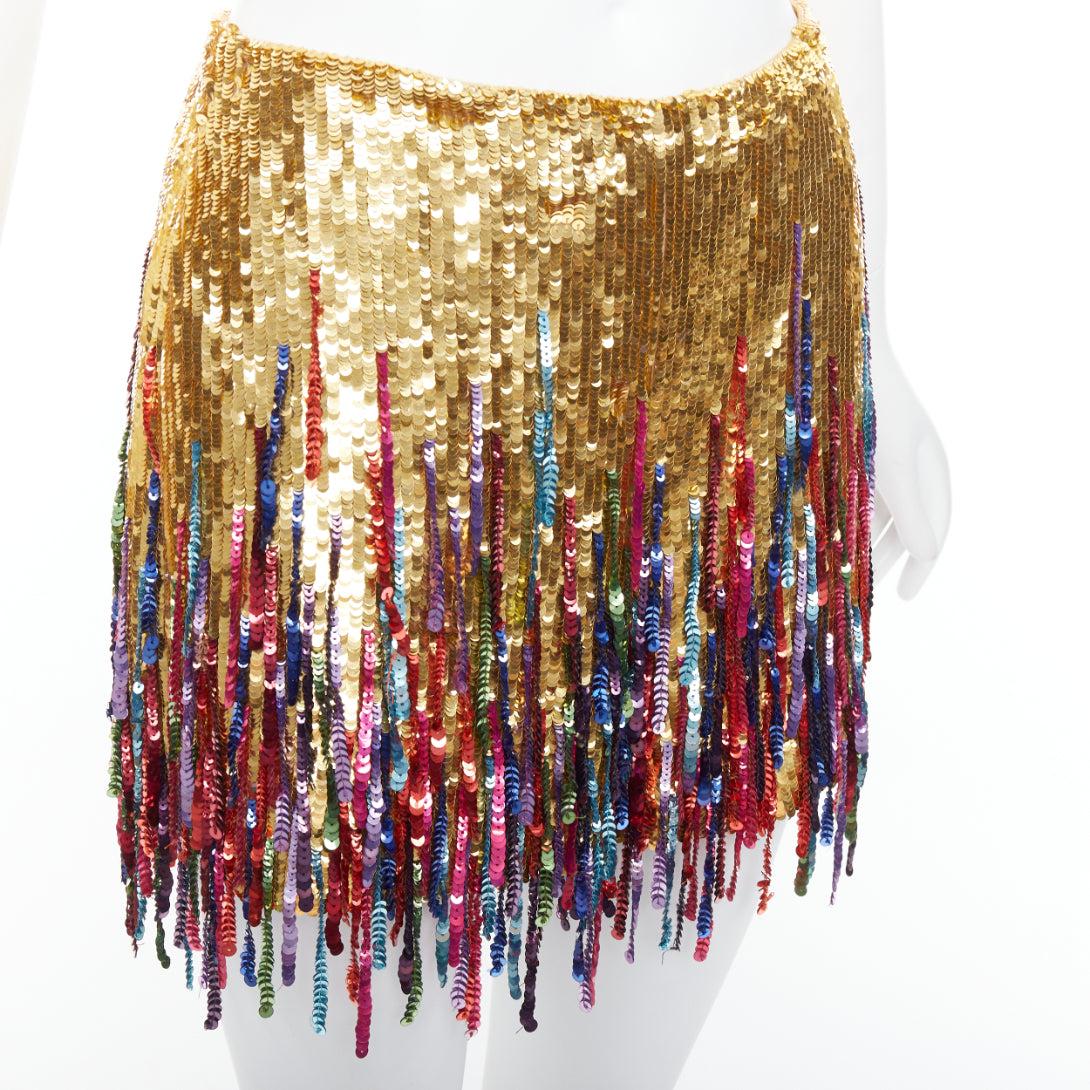 VALENTINO 2023 gold sequinned silk rainbow fringe skort IT38 XS 3