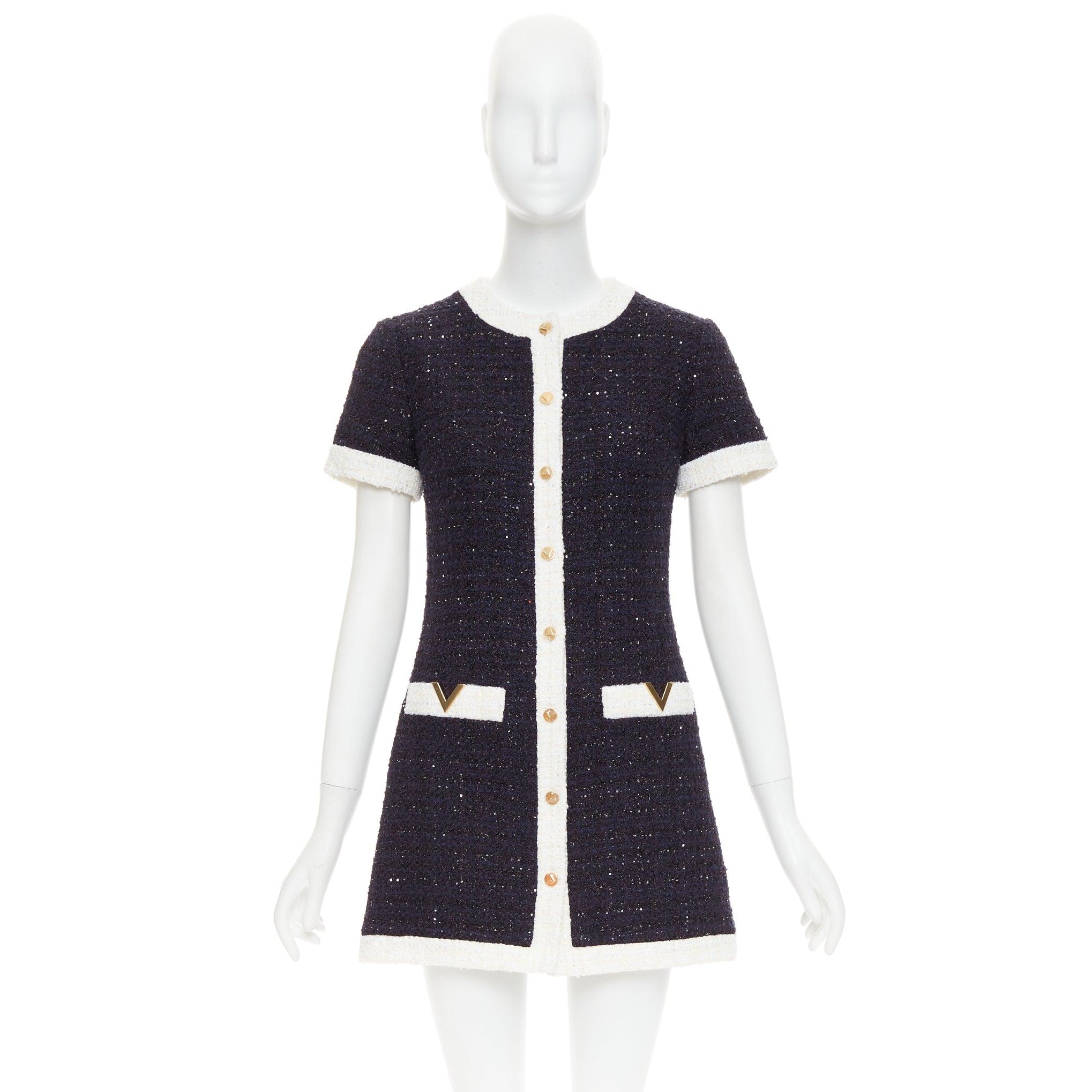 VALENTINO 2023 Retro Mini cream navy boucle tweed V logo mini dress IT38 XS For Sale 5