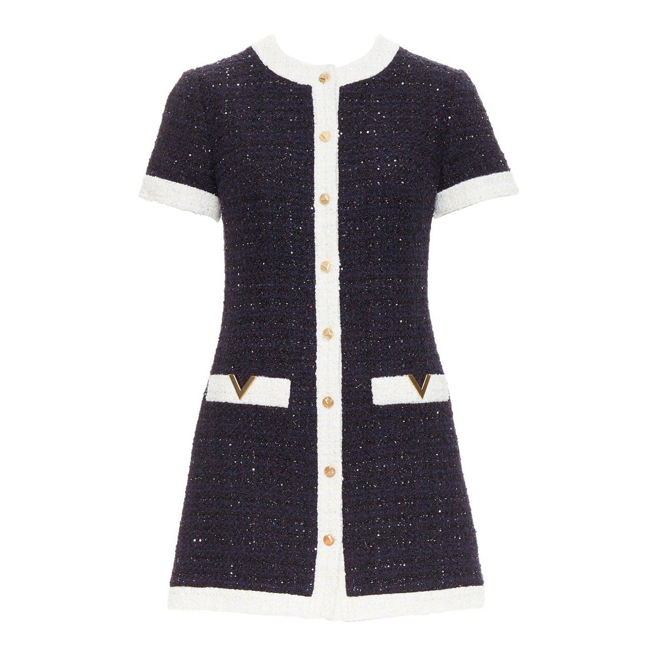 VALENTINO 2023 Retro Mini cream navy boucle tweed V logo mini dress IT38 XS For Sale