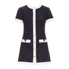 VALENTINO 2023 Retro Mini cream navy boucle tweed V logo mini dress IT38 XS