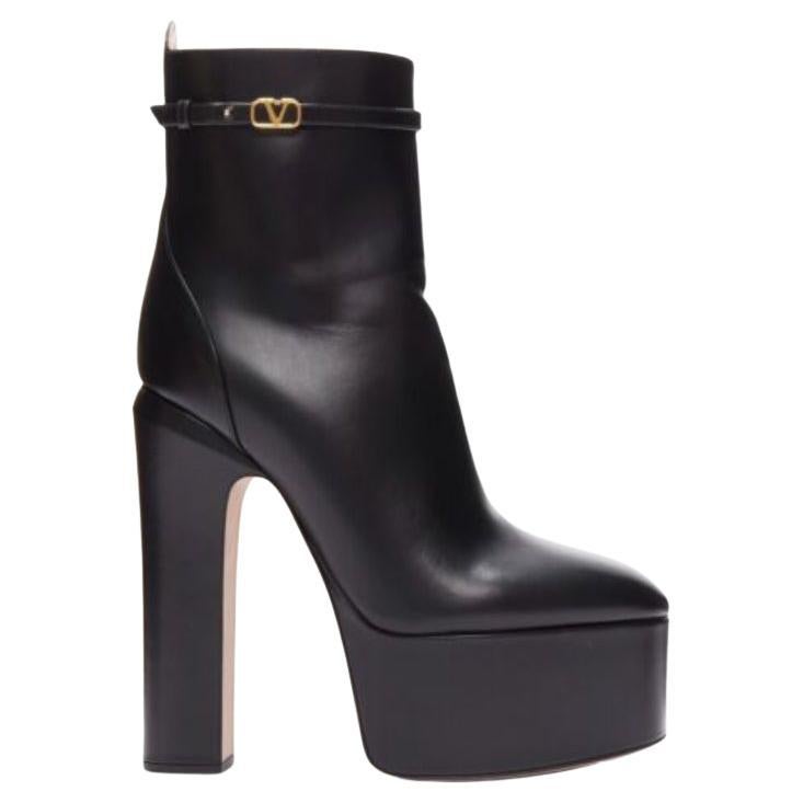 VALENTINO 2023 Tango 155 black leather Vlogo gold buckle platform boots EU39 For Sale