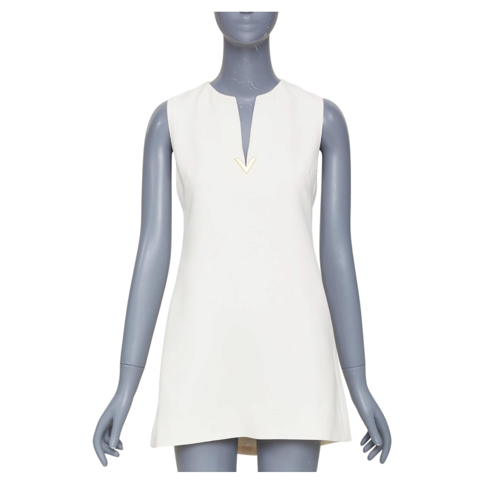VALENTINO 2023 wool silk crepe VGOLD logo metal plate split neck dress IT38 XS