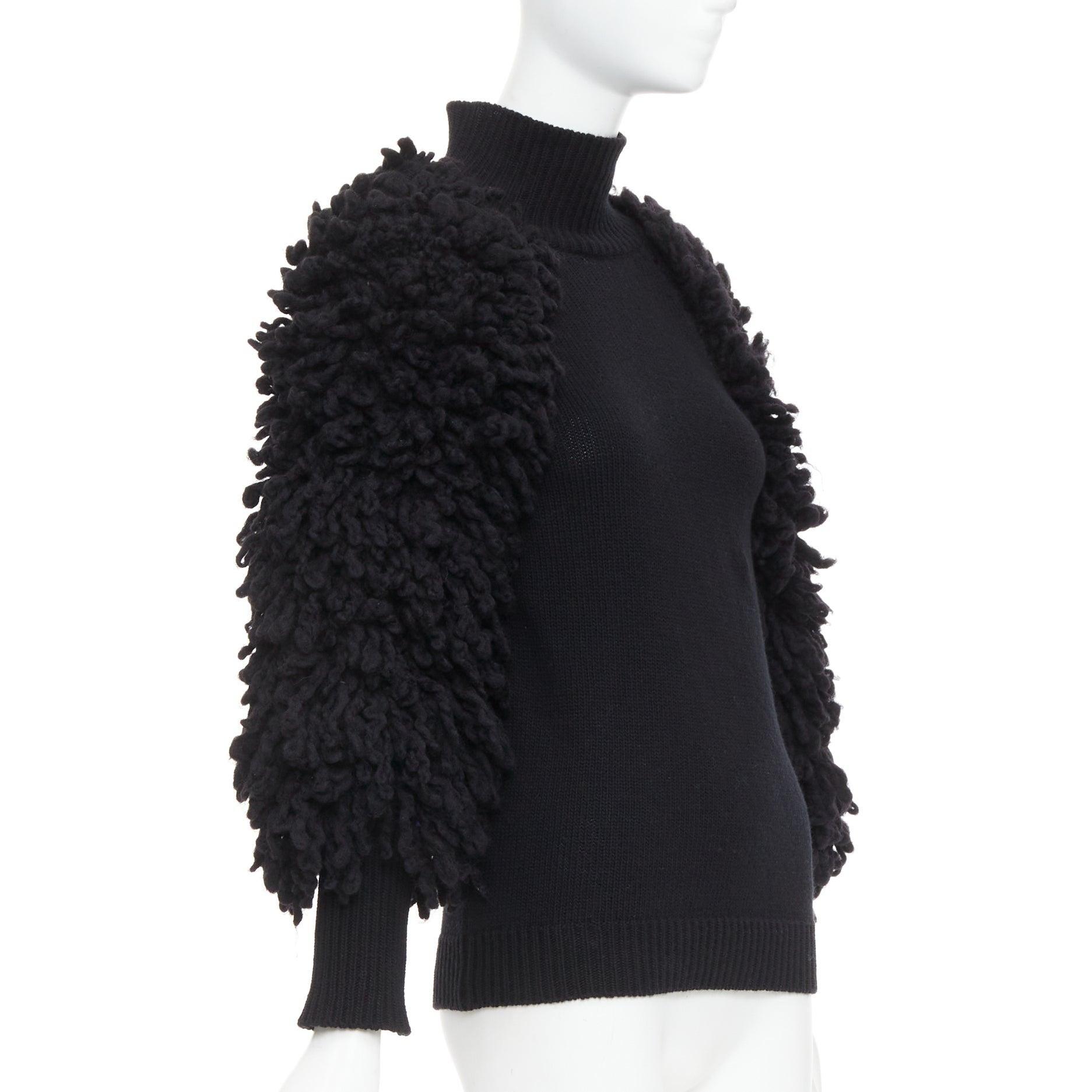 Black VALENTINO 2024 black virgin wool boucle yarn sleeves turtleneck sweater S For Sale