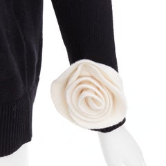 VALENTINO 2024 black virgin wool cream 3D Flower cuff crew neck sweater XS