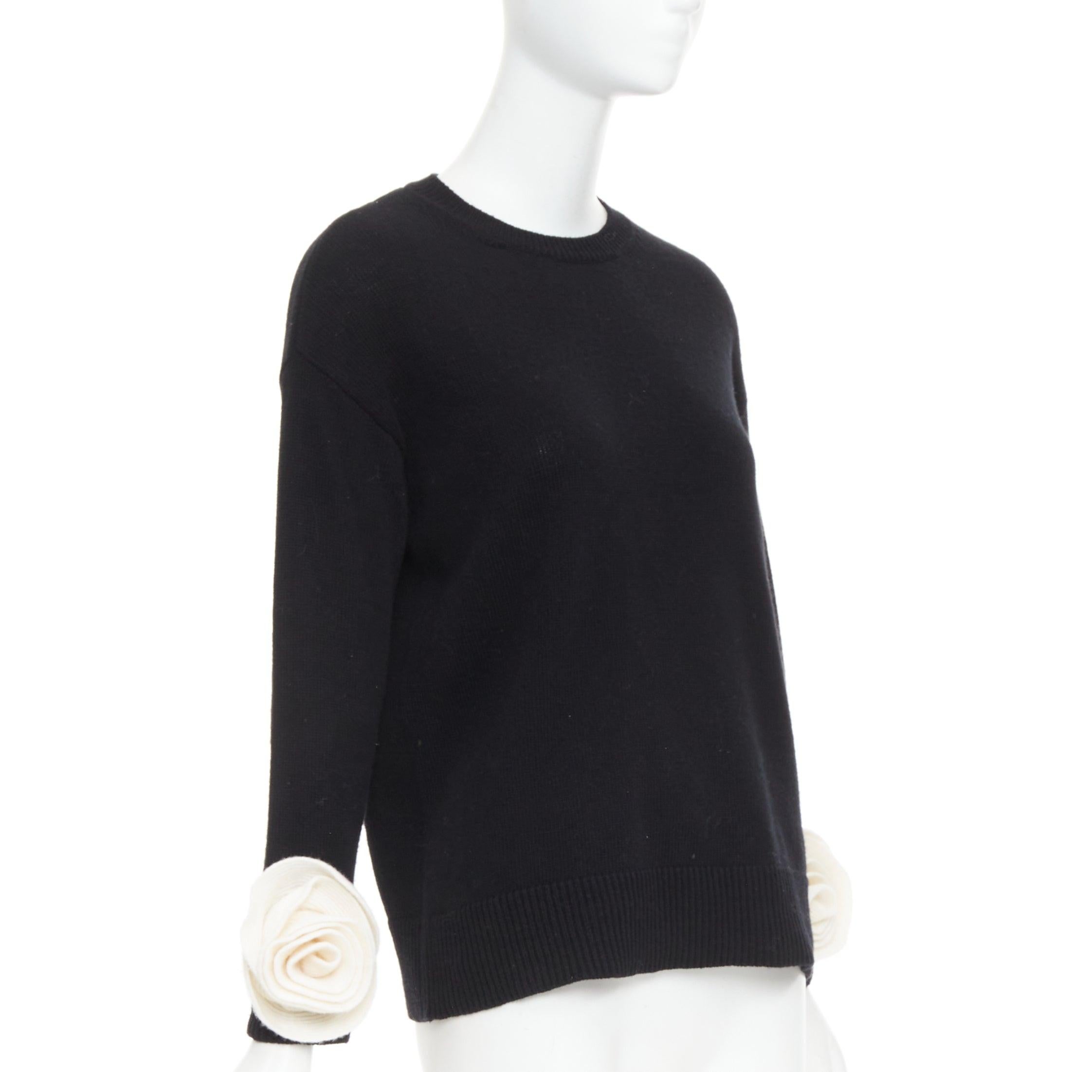 Black VALENTINO 2024 black virgin wool cream 3D Flower cuff crew neck sweater XS For Sale