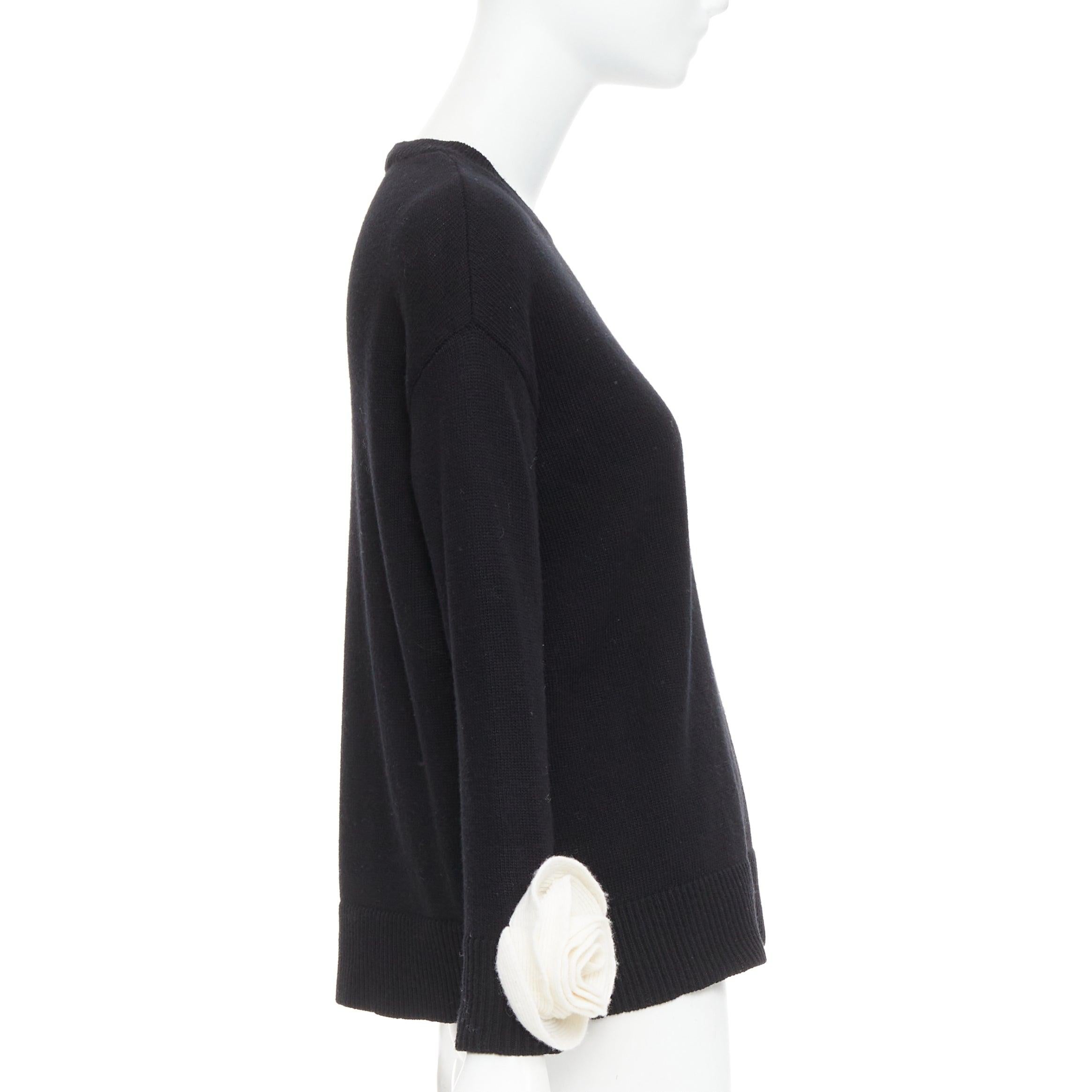 Women's VALENTINO 2024 black virgin wool cream 3D Flower cuff crew neck sweater XS For Sale