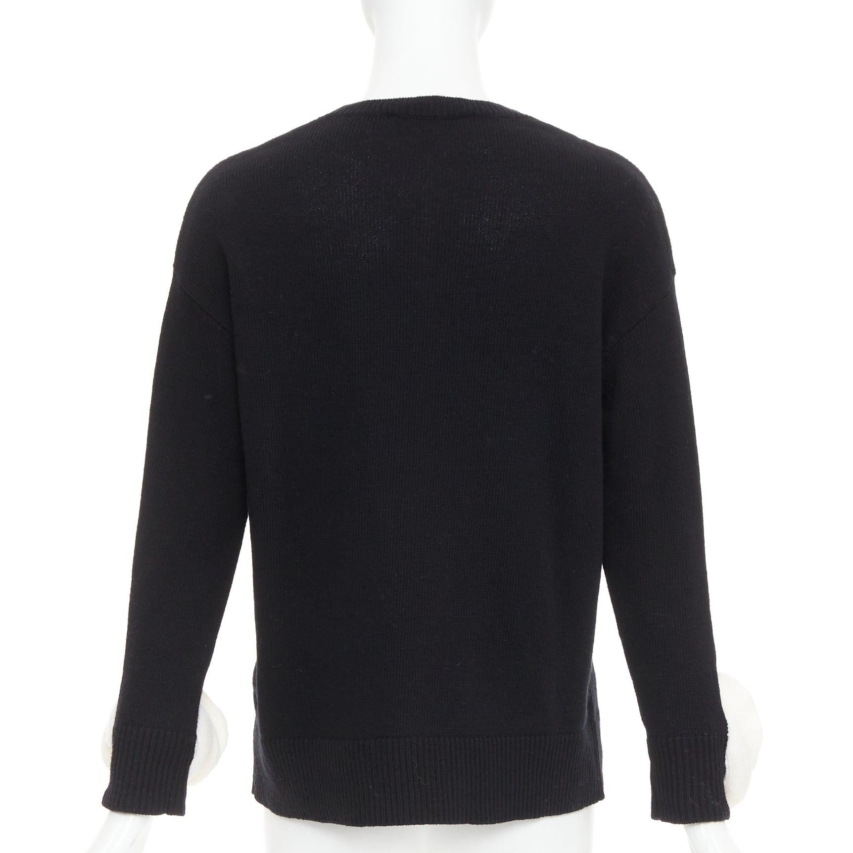 VALENTINO 2024 black virgin wool cream 3D Flower cuff crew neck sweater XS For Sale 1