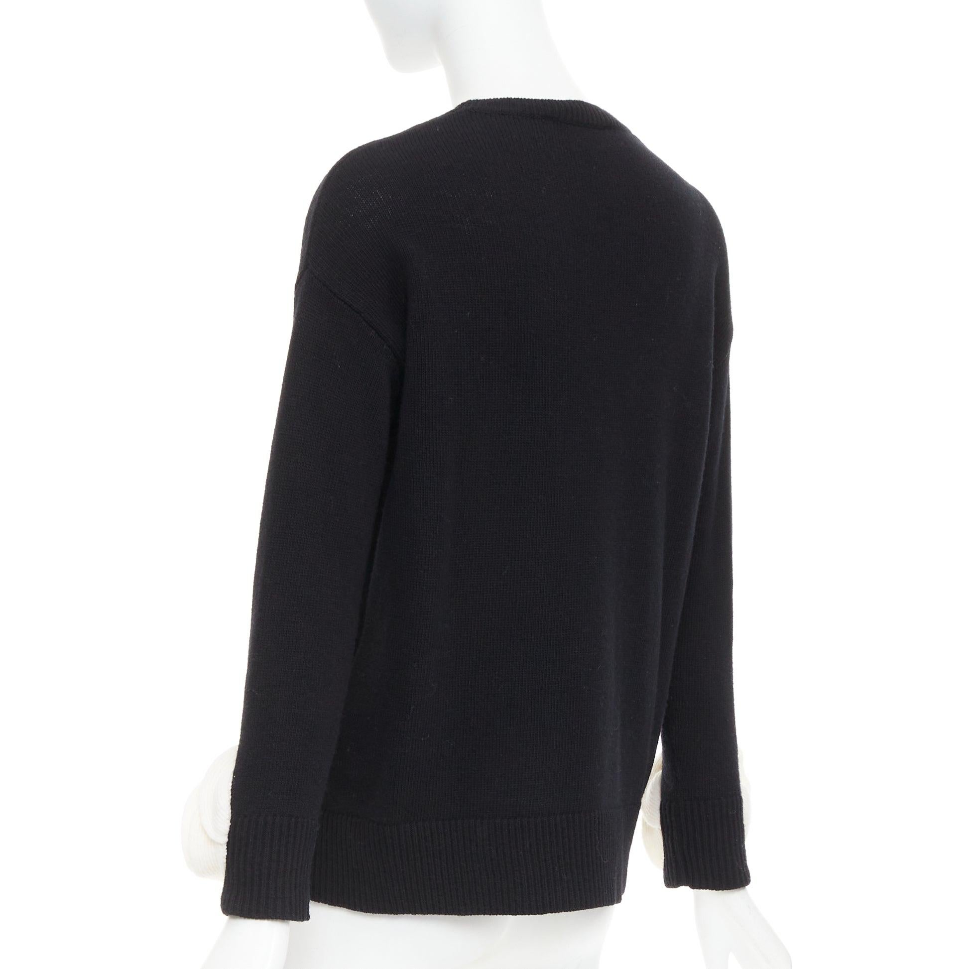VALENTINO 2024 black virgin wool cream 3D Flower cuff crew neck sweater XS For Sale 2