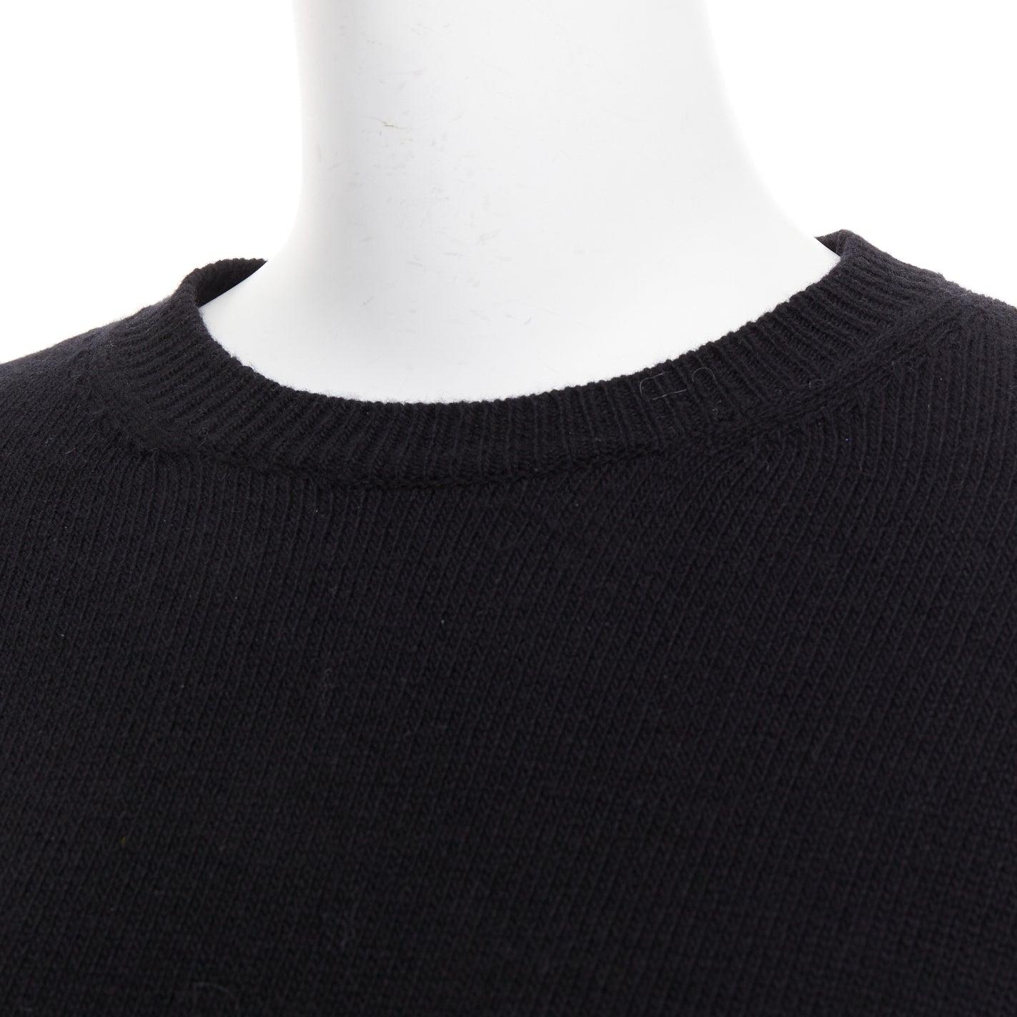 VALENTINO 2024 black virgin wool cream 3D Flower cuff crew neck sweater XS For Sale 3