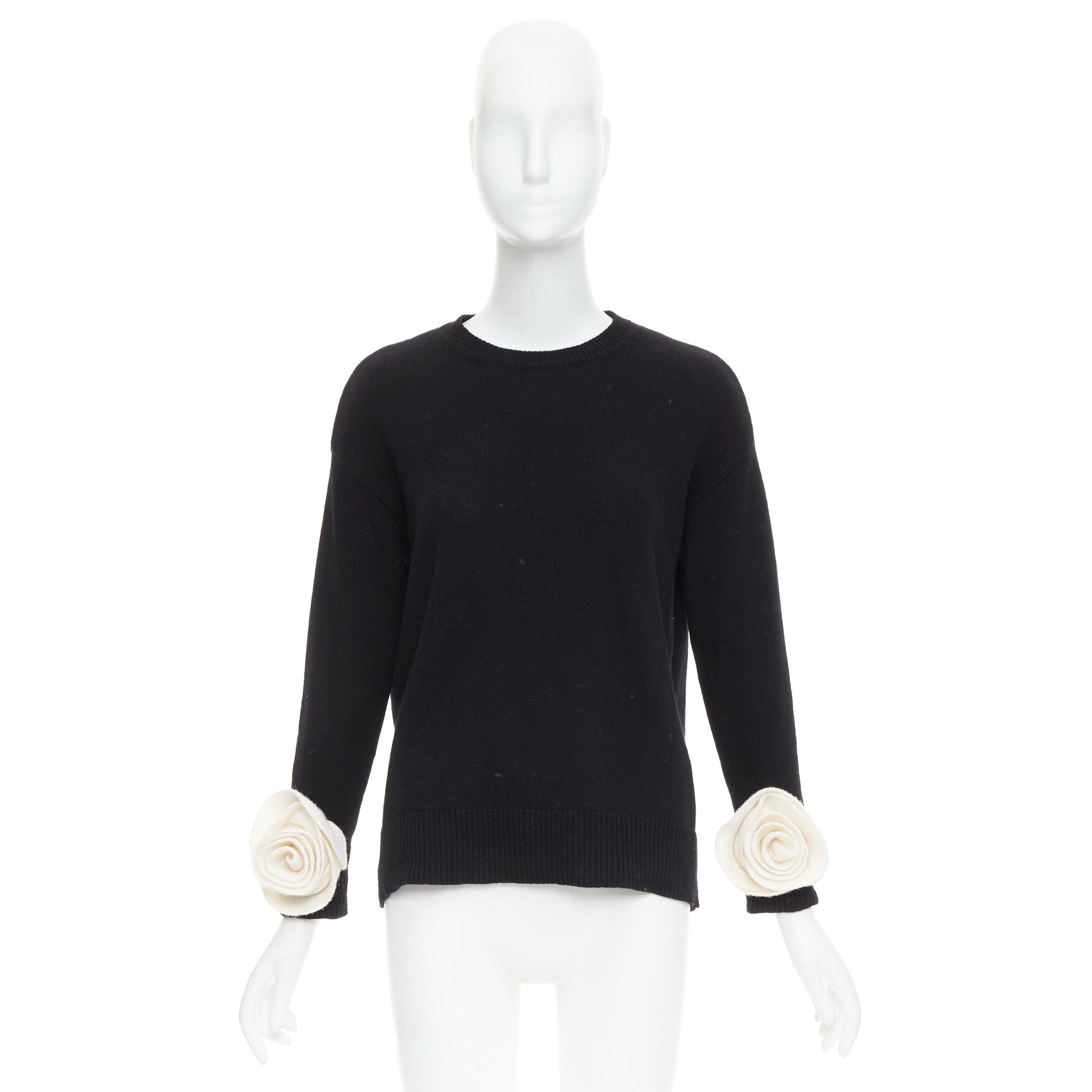 VALENTINO 2024 black virgin wool cream 3D Flower cuff crew neck sweater XS For Sale 5