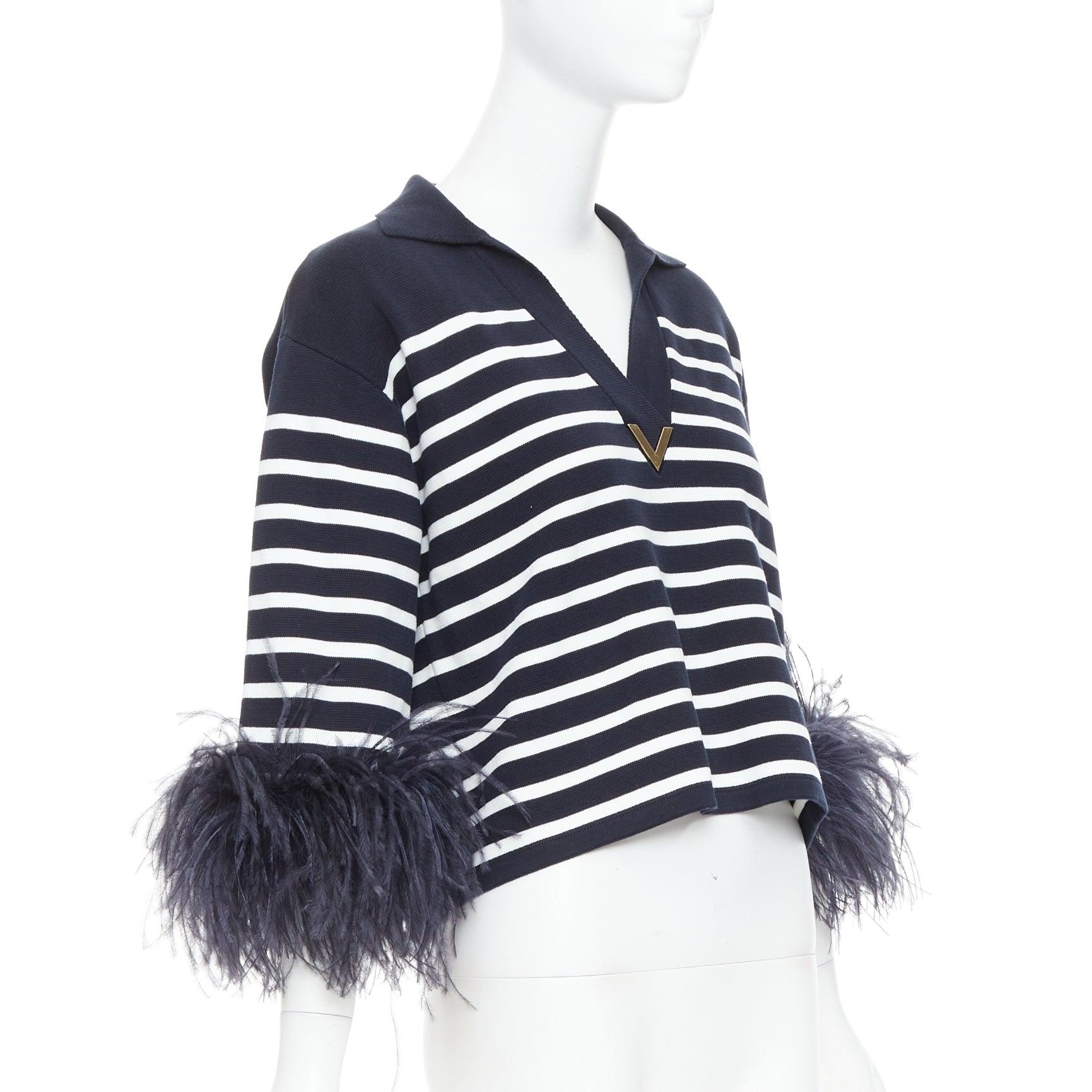 Nero Valentino 2024 VGold navy white striped ostrich feather trim sleeve polo top XS in vendita