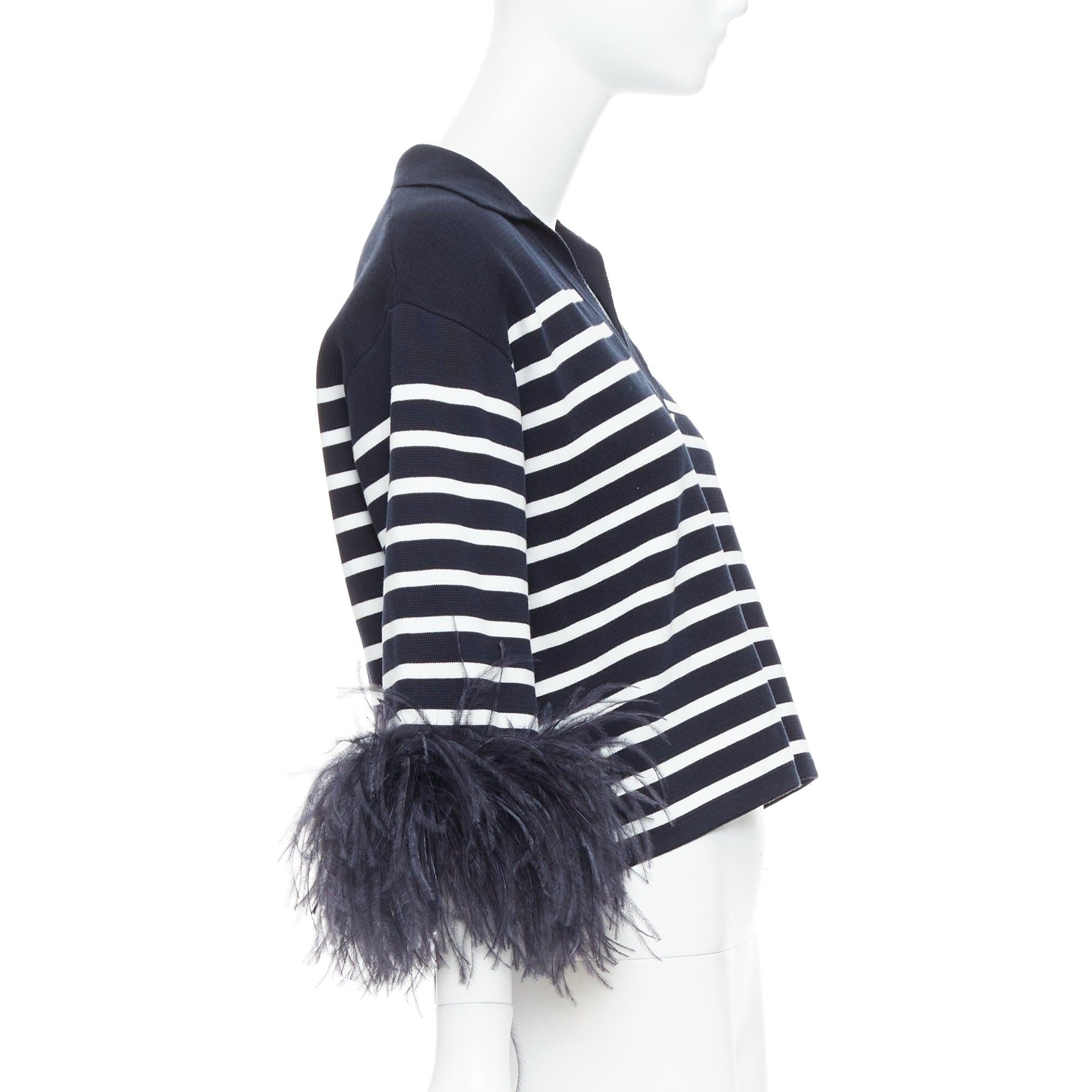 Valentino 2024 VGold navy white striped ostrich feather trim sleeve polo top XS In condizioni ottime in vendita a Hong Kong, NT