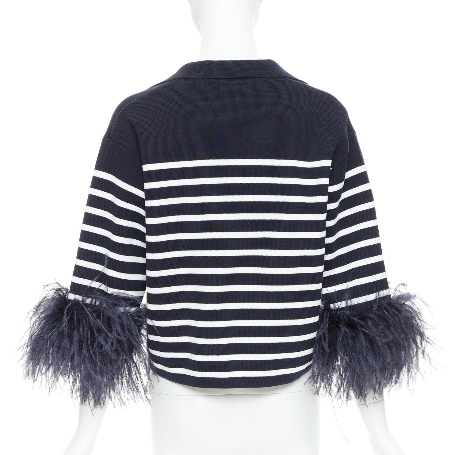 Donna Valentino 2024 VGold navy white striped ostrich feather trim sleeve polo top XS in vendita