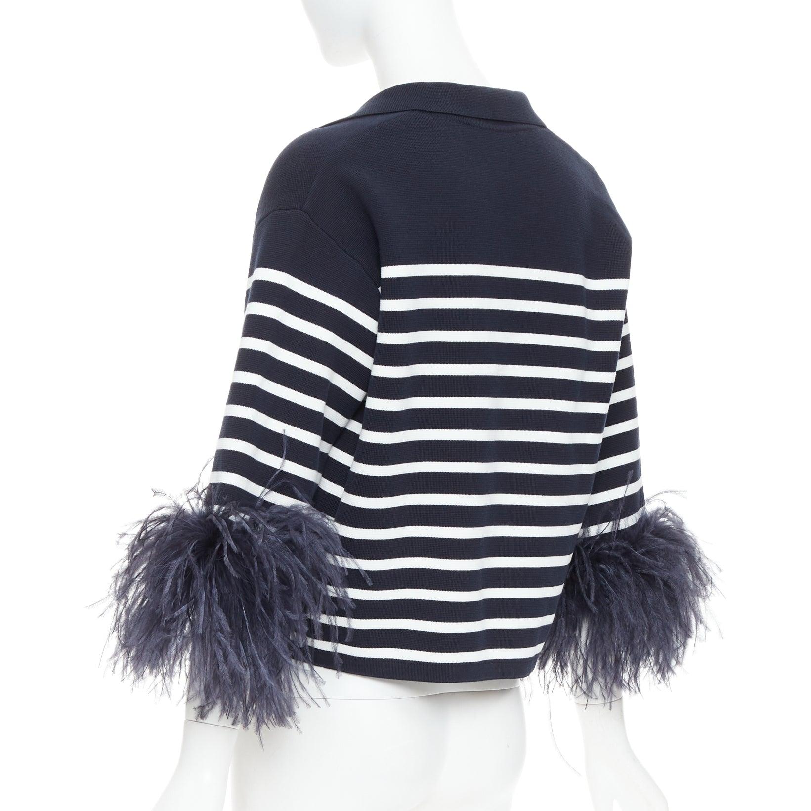 Valentino 2024 VGold navy white striped ostrich feather trim sleeve polo top XS in vendita 1