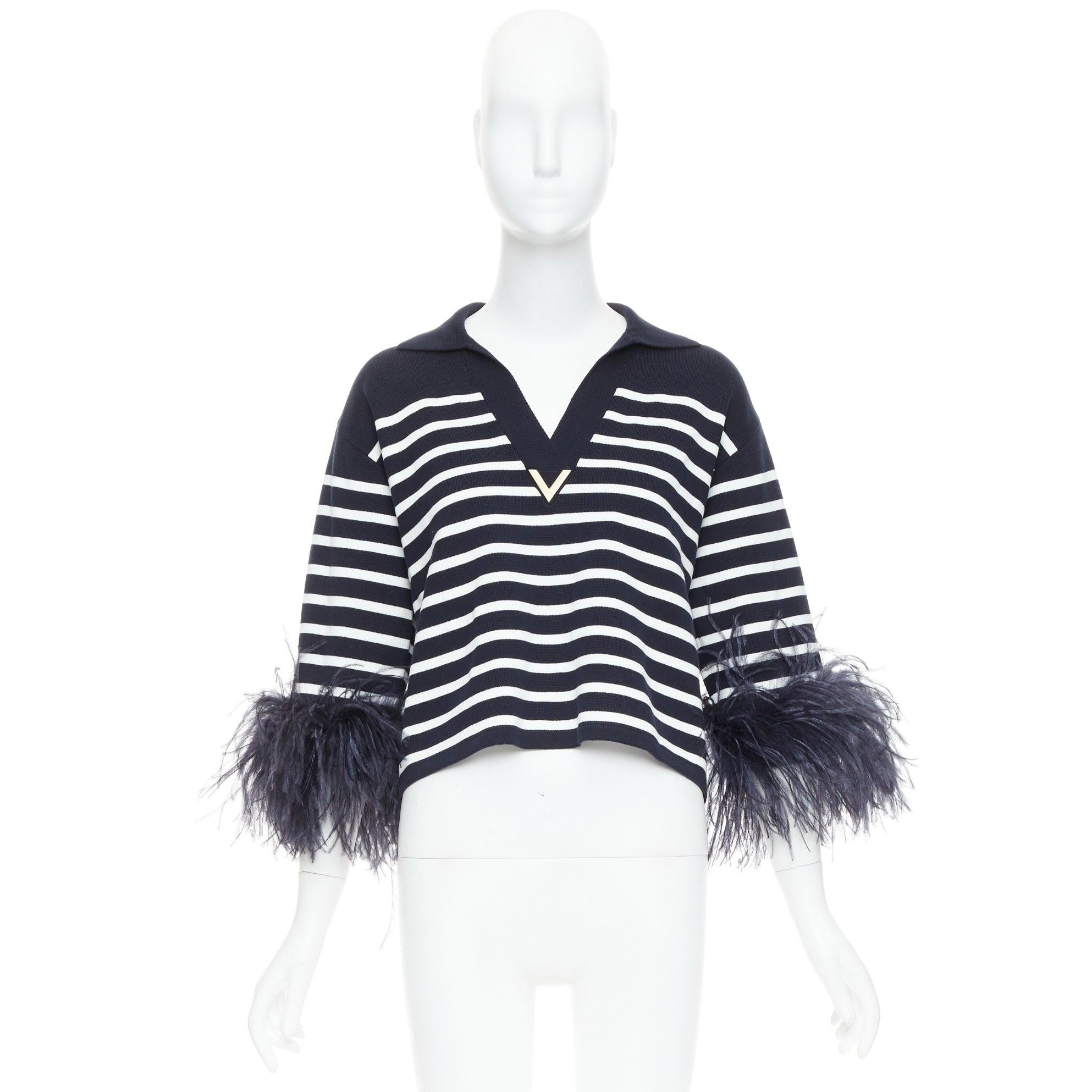 Valentino 2024 VGold navy white striped ostrich feather trim sleeve polo top XS in vendita 4