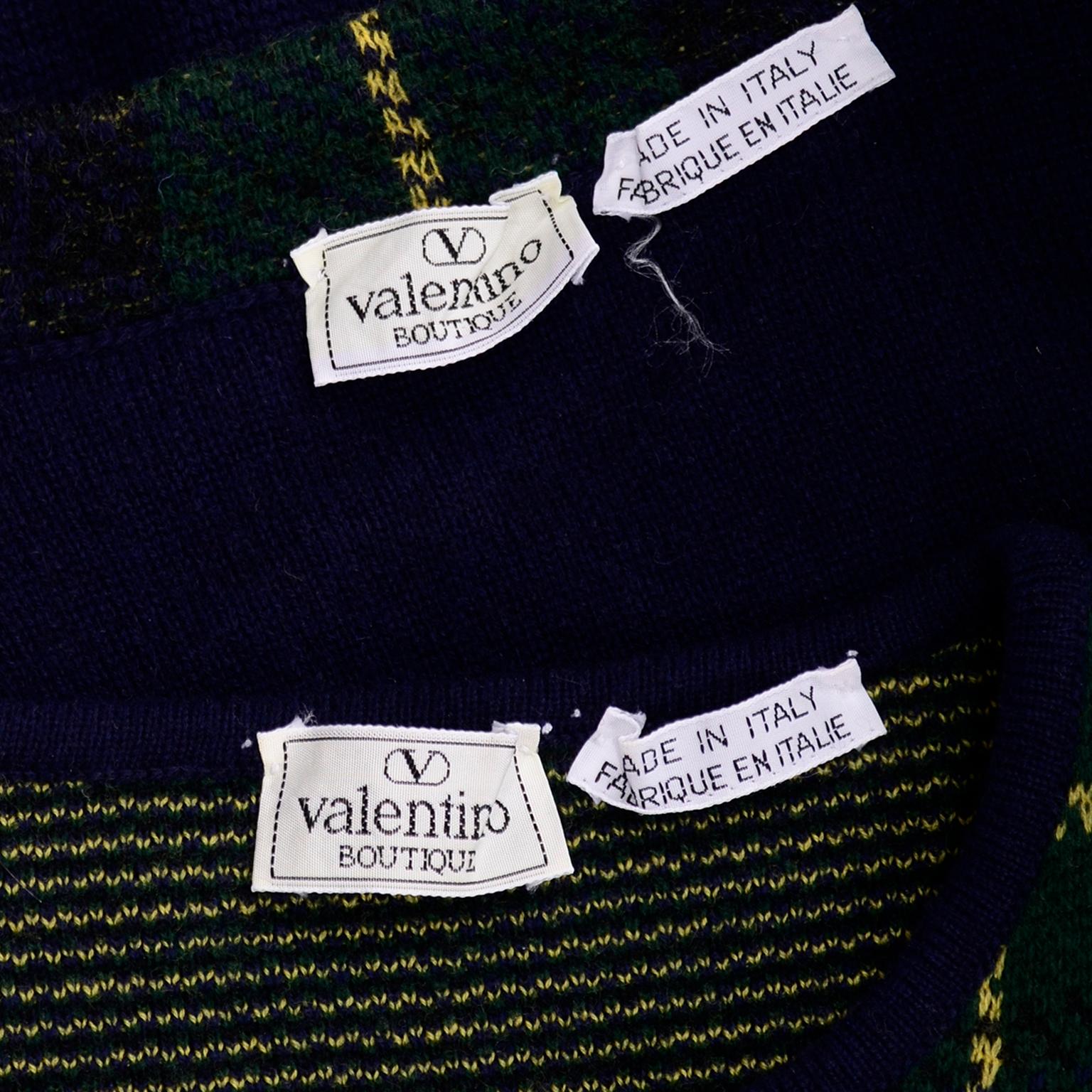 Valentino 2pc Vintage Long Sleeve Top & Cardigan Sweater in Blue & Green Plaid For Sale 2