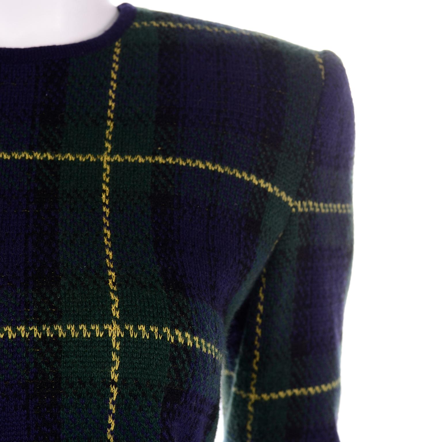 Black Valentino 2pc Vintage Long Sleeve Top & Cardigan Sweater in Blue & Green Plaid For Sale