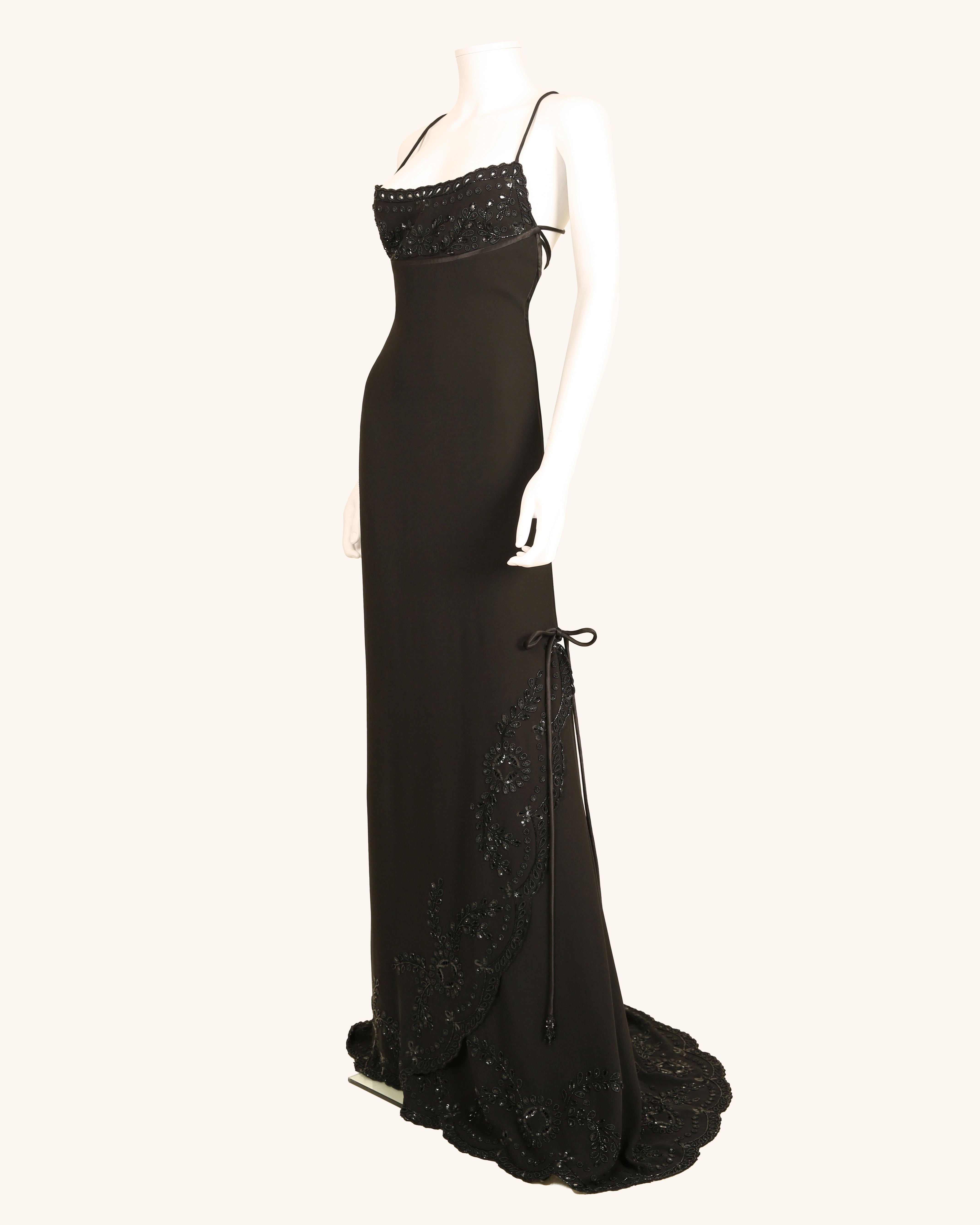 Black Valentino 98 Vintage black embellished tassel backless sequin maxi dress gown For Sale