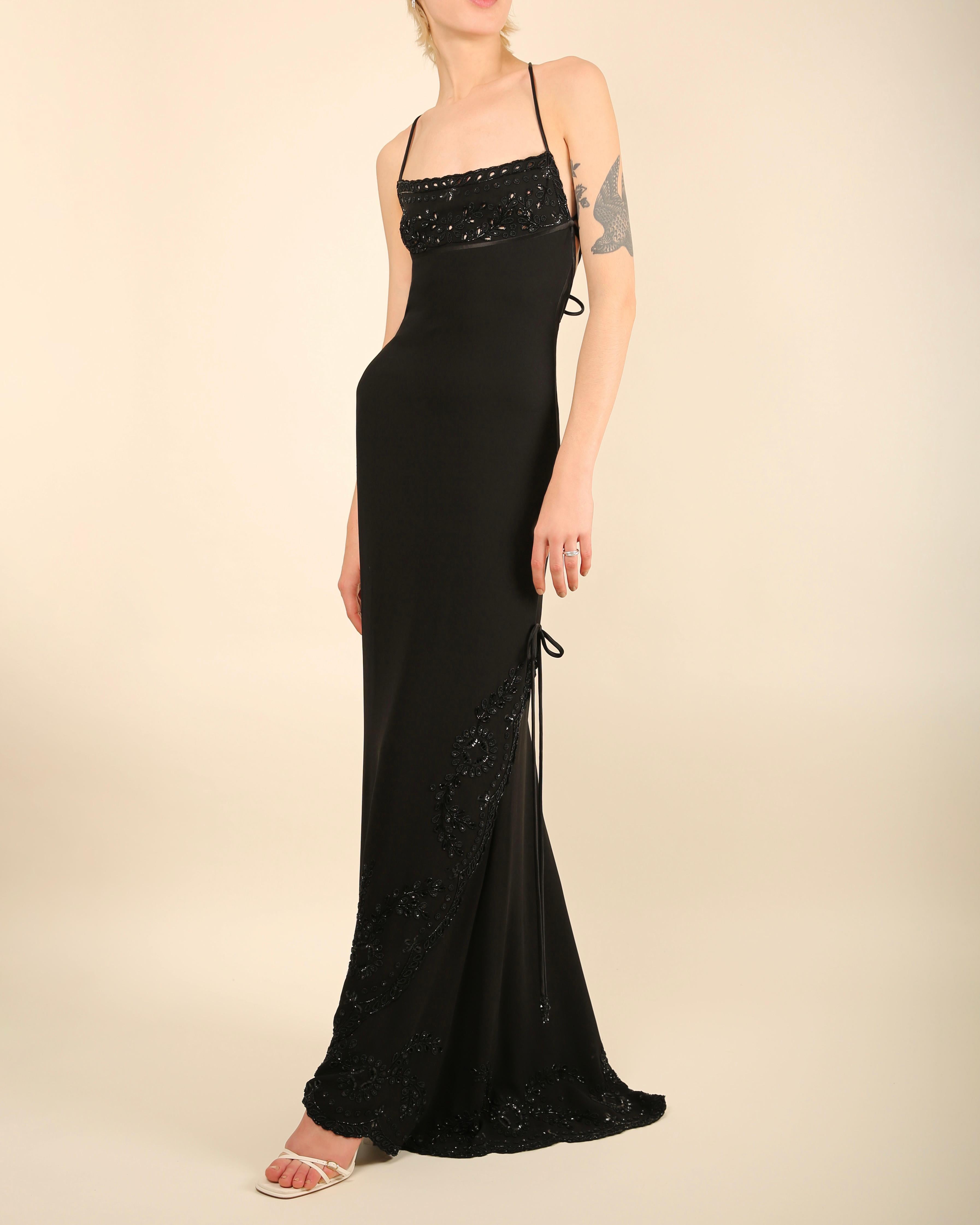 Women's Valentino 98 Vintage black embellished tassel backless sequin maxi dress gown  For Sale