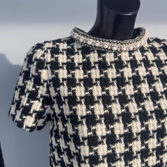 Valentino Abito Tweed Pied de Poule Ricamato Collo Gioiello, anni2010