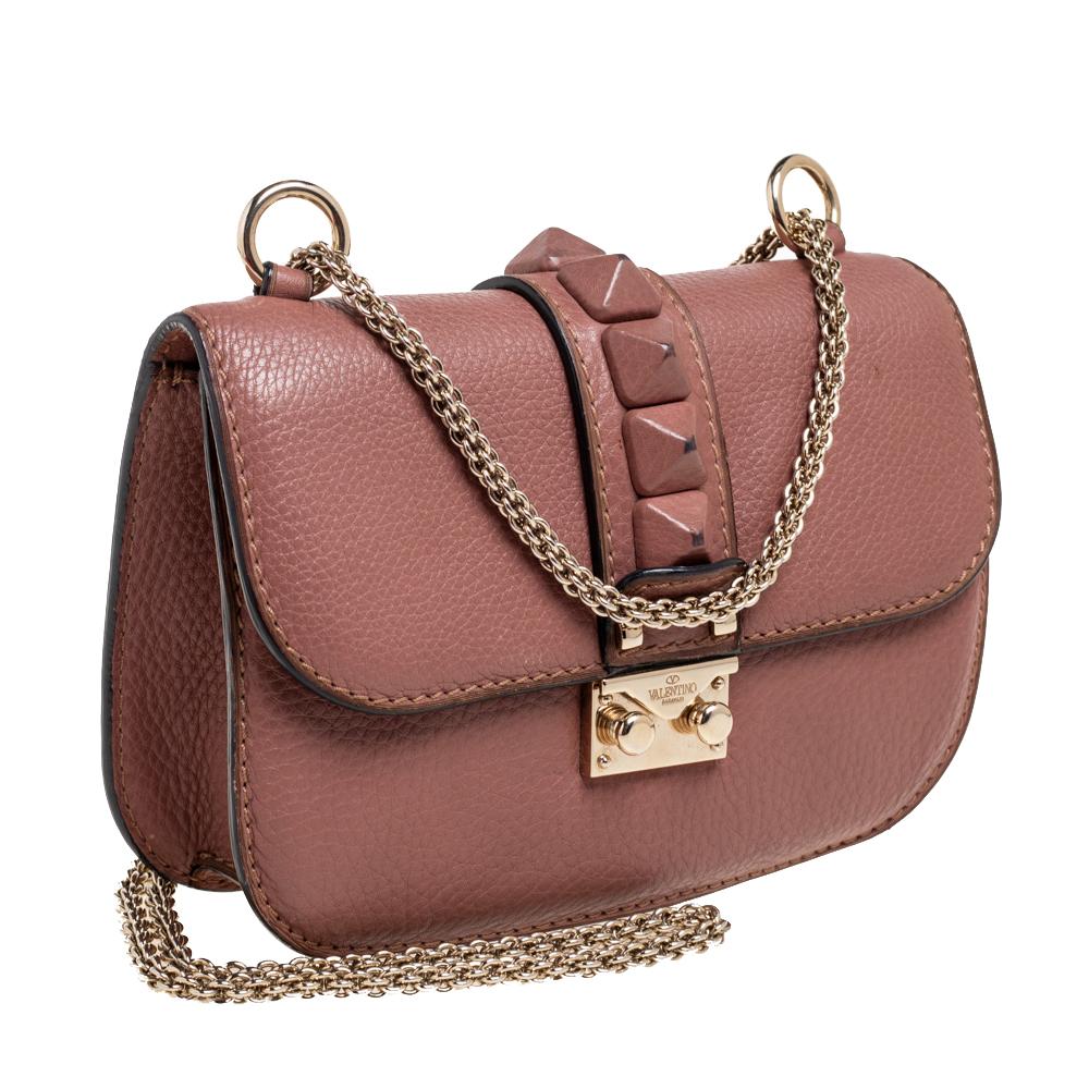 Valentino Antique Rose Leather Small Rockstud Glam Lock Flap Bag 3