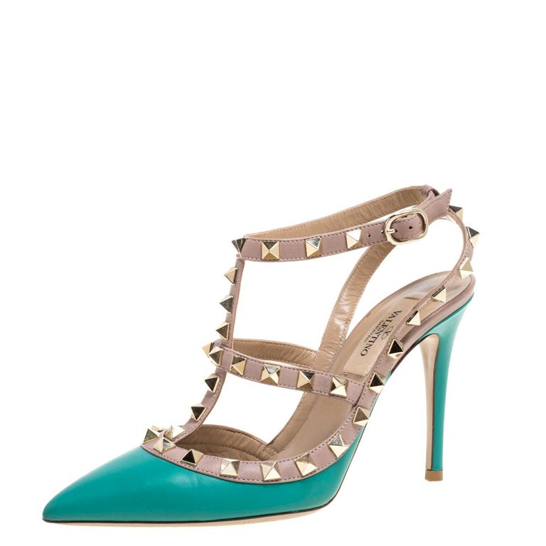 Valentino Aqua Blue/Beige Studded Ankle Strap Pointed Toe Sandals Size ...