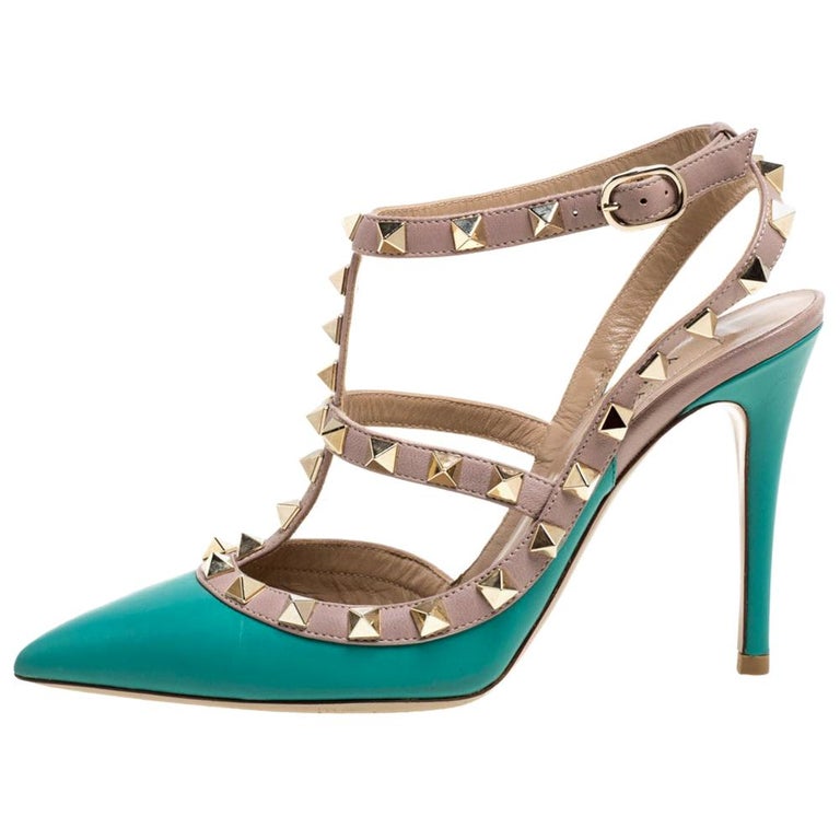 Valentino Aqua Blue/Beige Studded Ankle Strap Pointed Toe Sandals Size ...