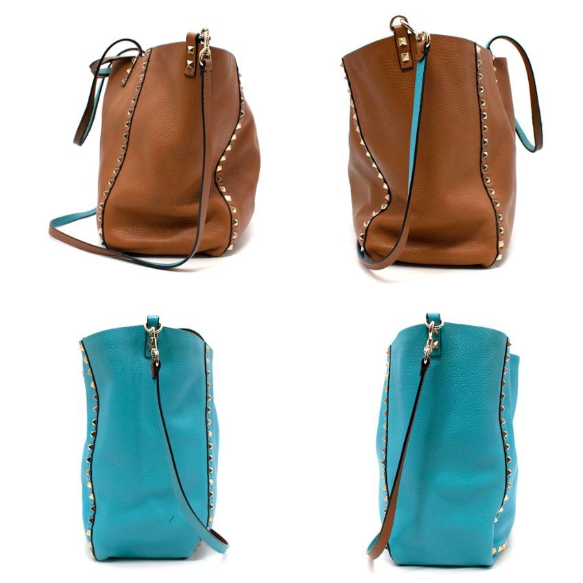 Valentino Aqua Blue/Tan Rockstud Reversible Tote Shoulder Bag
 

 - Reversible leather tote bag in aqua blue and tan tone
 - Gold-tone Rockstud trimming 
 - Two top handles and removable shoulder strap
 

 Materials:
 Leather
 

 Made in Italy
 

