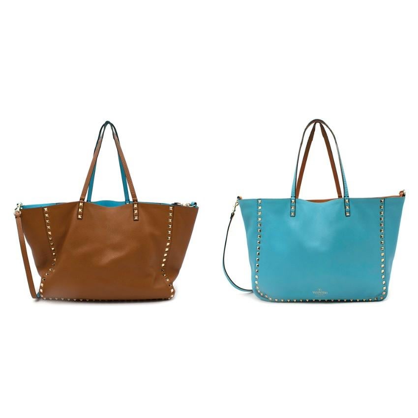Brown Valentino Aqua Blue/Tan Leather Rockstud Reversible Tote Shoulder Bag For Sale